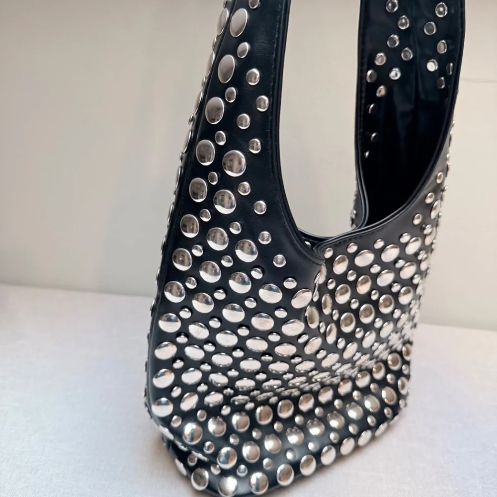 Black Studded Hobo Bag with Silver Accents - Picture 7 of 12